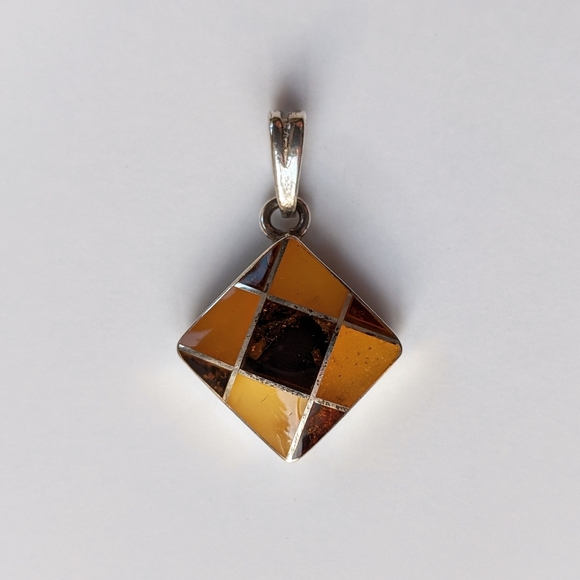 Sterling And Baltic Amber Checkerboard Pendant - Picture 2 of 6